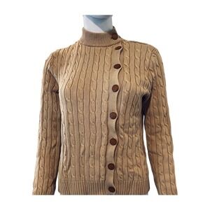 VTG Lauren Ralph Lauren Tan Cable Knit Asymmetrical Side Button Mock Neck Size M